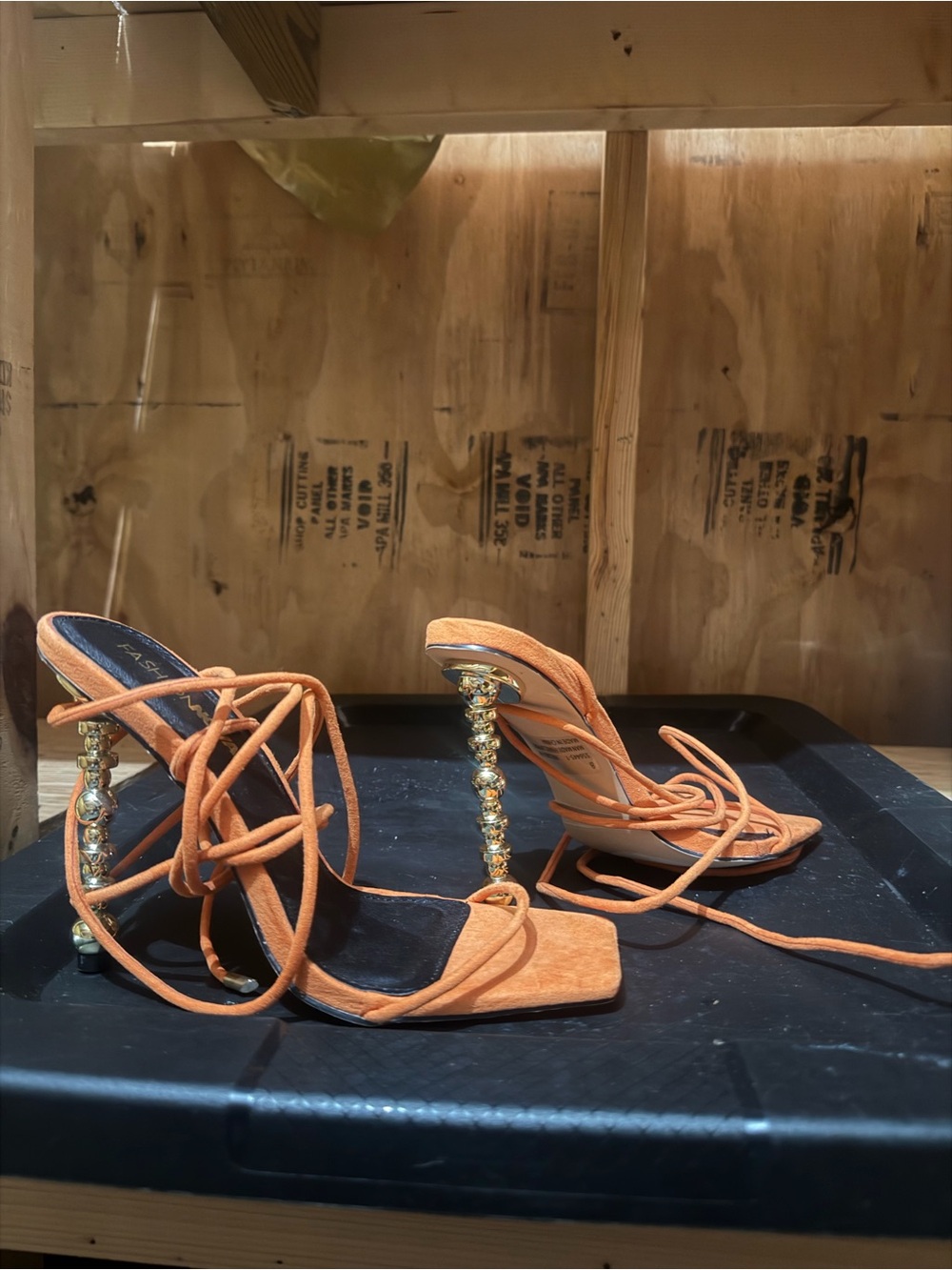 Fashion Nova Orange Lace-Up Heeled Sandals with Beaded Gold Stem